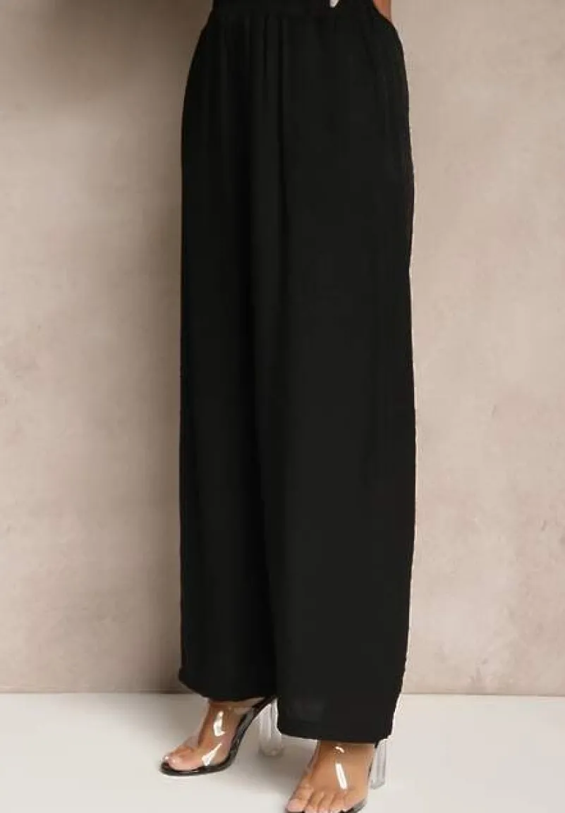Czarny Wiskozowy Komplet Oversize Koszula i Spodnie Wide Leg Zierana