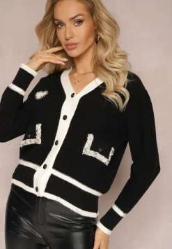 Czarny Wiskozowy Sweter Kardigan z Kontrastową Lamówką i Naszywkami Narjee