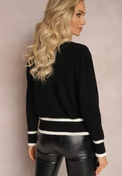 Czarny Wiskozowy Sweter Kardigan z Kontrastową Lamówką i Naszywkami Narjee