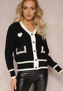 Czarny Wiskozowy Sweter Kardigan z Kontrastową Lamówką i Naszywkami Narjee