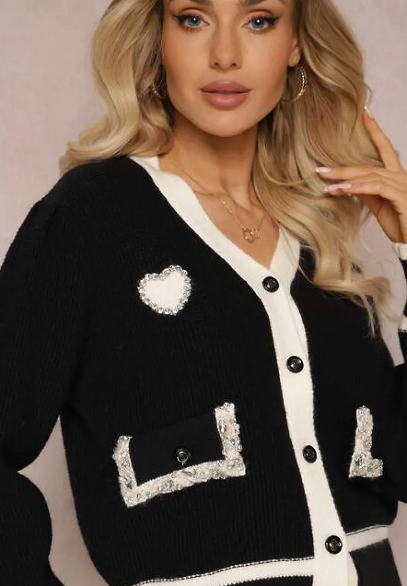 Czarny Wiskozowy Sweter Kardigan z Kontrastową Lamówką i Naszywkami Narjee