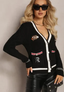 Czarny Wiskozowy Sweter Kardigan z Biżuteryjnymi Guzikami i Ozdobnymi Naszywkami Puanissa