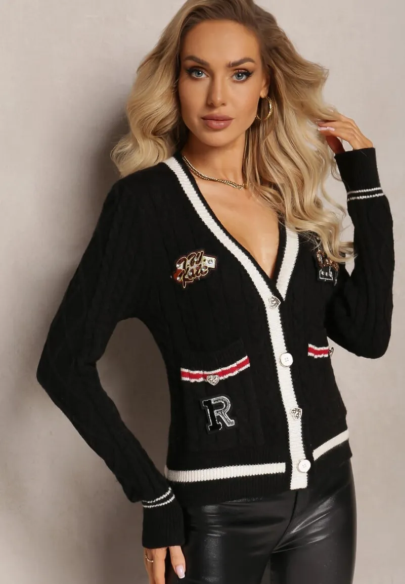 Czarny Wiskozowy Sweter Kardigan z Biżuteryjnymi Guzikami i Ozdobnymi Naszywkami Puanissa