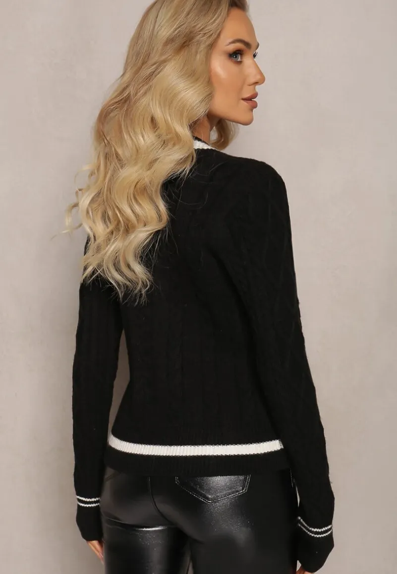 Czarny Wiskozowy Sweter Kardigan z Biżuteryjnymi Guzikami i Ozdobnymi Naszywkami Puanissa