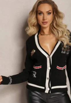 Czarny Wiskozowy Sweter Kardigan z Biżuteryjnymi Guzikami i Ozdobnymi Naszywkami Puanissa