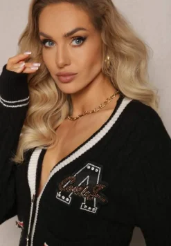 Czarny Wiskozowy Sweter Kardigan z Biżuteryjnymi Guzikami i Ozdobnymi Naszywkami Puanissa