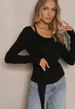 Czarny Wiskozowy Sweter Wiązany w Talii z Asymetrycznym Dekoltem Kornelita