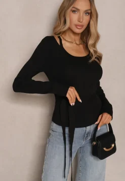 Czarny Wiskozowy Sweter Wiązany w Talii z Asymetrycznym Dekoltem Kornelita