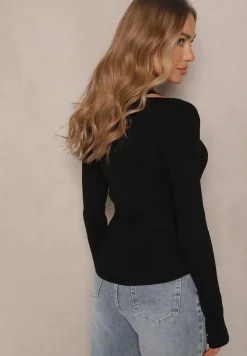 Czarny Wiskozowy Sweter Wiązany w Talii z Asymetrycznym Dekoltem Kornelita