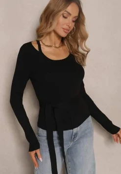 Czarny Wiskozowy Sweter Wiązany w Talii z Asymetrycznym Dekoltem Kornelita