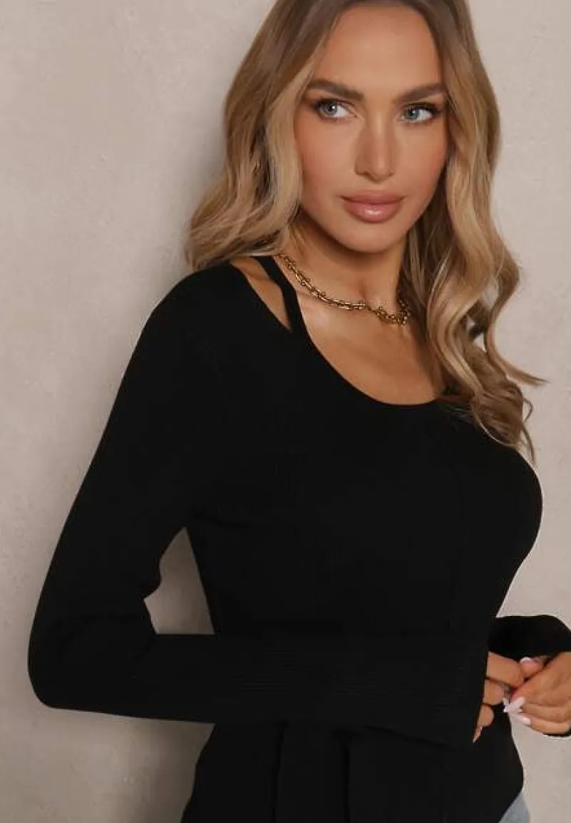 Czarny Wiskozowy Sweter Wiązany w Talii z Asymetrycznym Dekoltem Kornelita