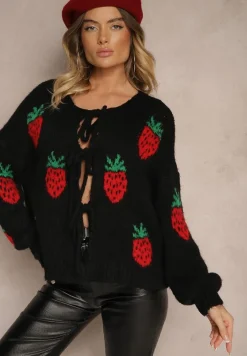 Czarny Wiązany Kardigan z Wełną i Wiskozą z Ozdobnym Wzorem z Truskawkami Cesirae