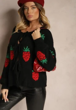 Czarny Wiązany Kardigan z Wełną i Wiskozą z Ozdobnym Wzorem z Truskawkami Cesirae