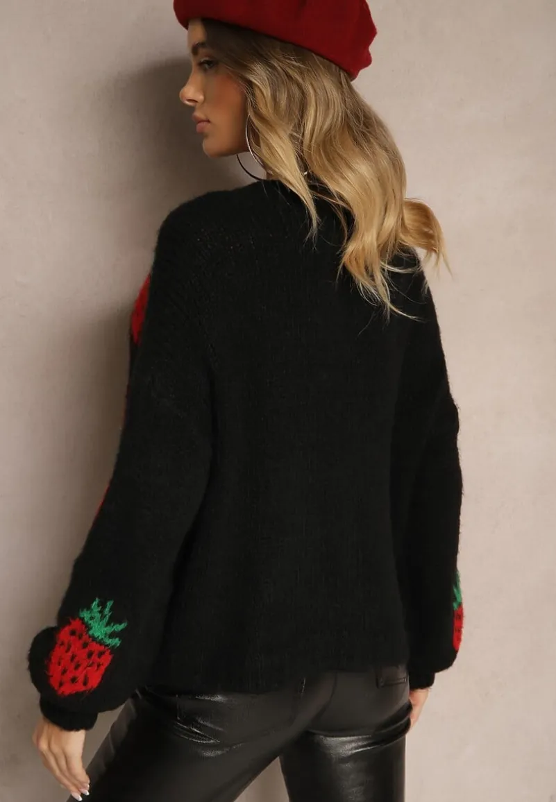 Czarny Wiązany Kardigan z Wełną i Wiskozą z Ozdobnym Wzorem z Truskawkami Cesirae