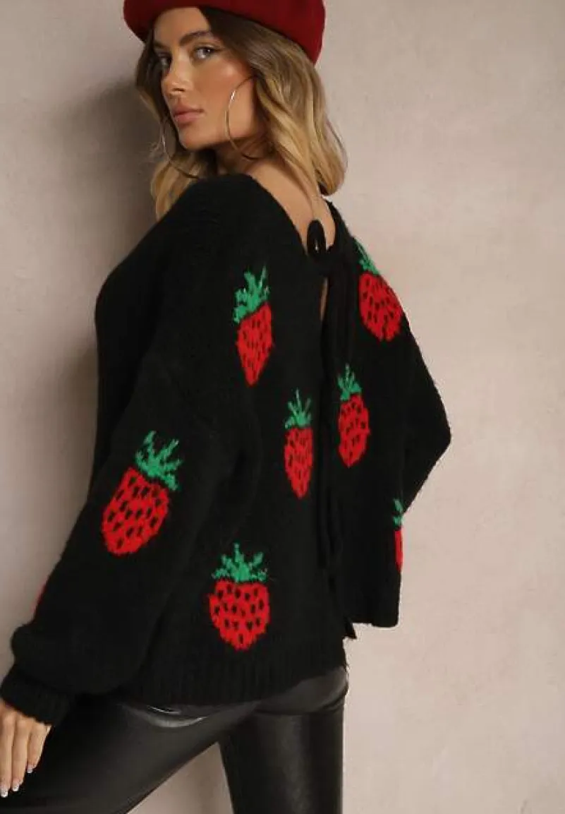 Czarny Wiązany Kardigan z Wełną i Wiskozą z Ozdobnym Wzorem z Truskawkami Cesirae