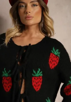 Czarny Wiązany Kardigan z Wełną i Wiskozą z Ozdobnym Wzorem z Truskawkami Cesirae