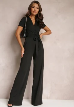 Czarny Wiązany Kombinezon z Długimi Nogawkami i Kopertowym Dekoltem Adithia
