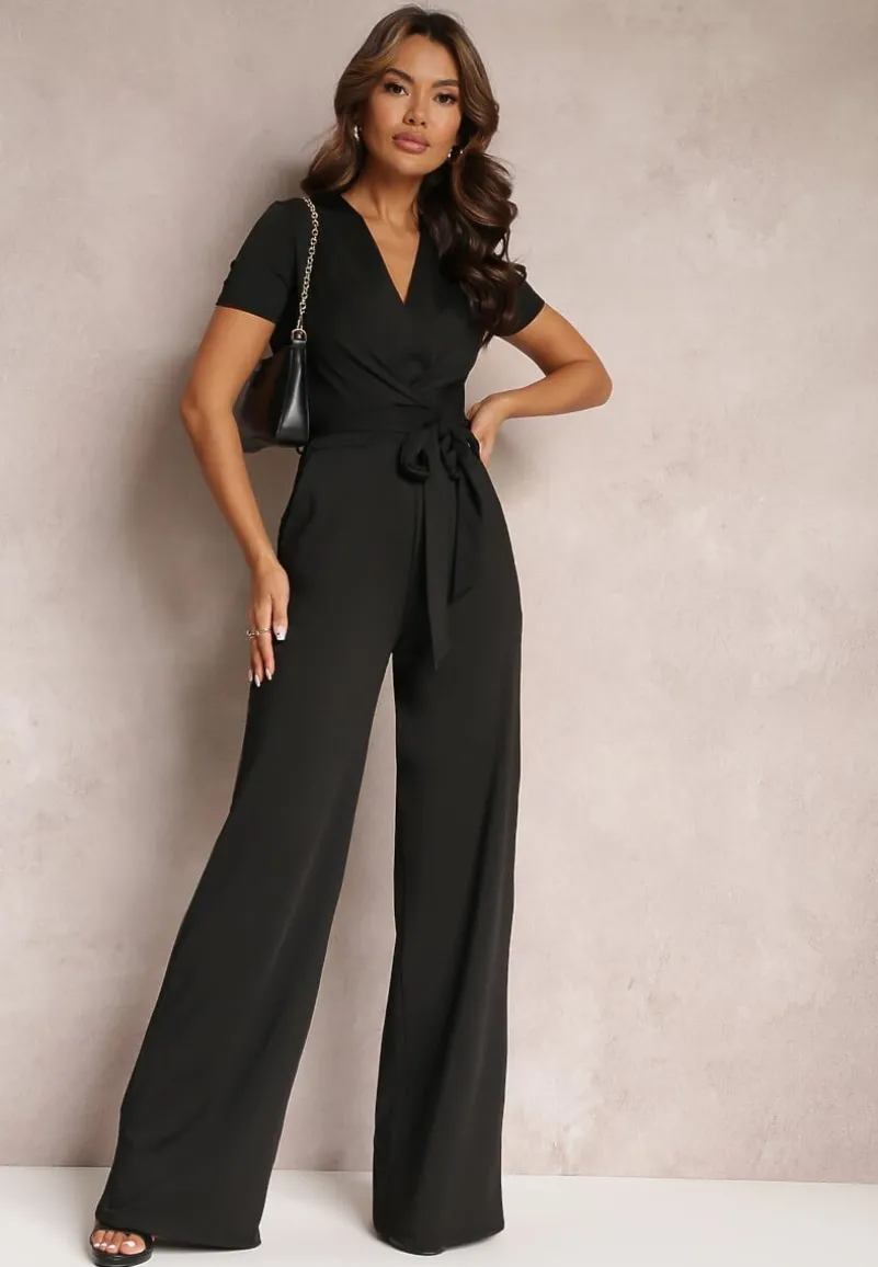 Czarny Wiązany Kombinezon z Długimi Nogawkami i Kopertowym Dekoltem Adithia
