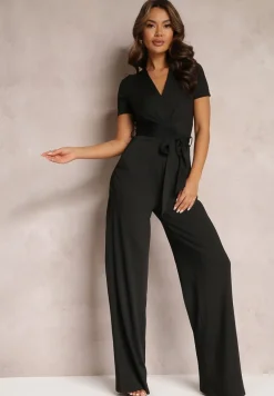 Czarny Wiązany Kombinezon z Długimi Nogawkami i Kopertowym Dekoltem Adithia