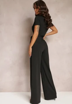 Czarny Wiązany Kombinezon z Długimi Nogawkami i Kopertowym Dekoltem Adithia