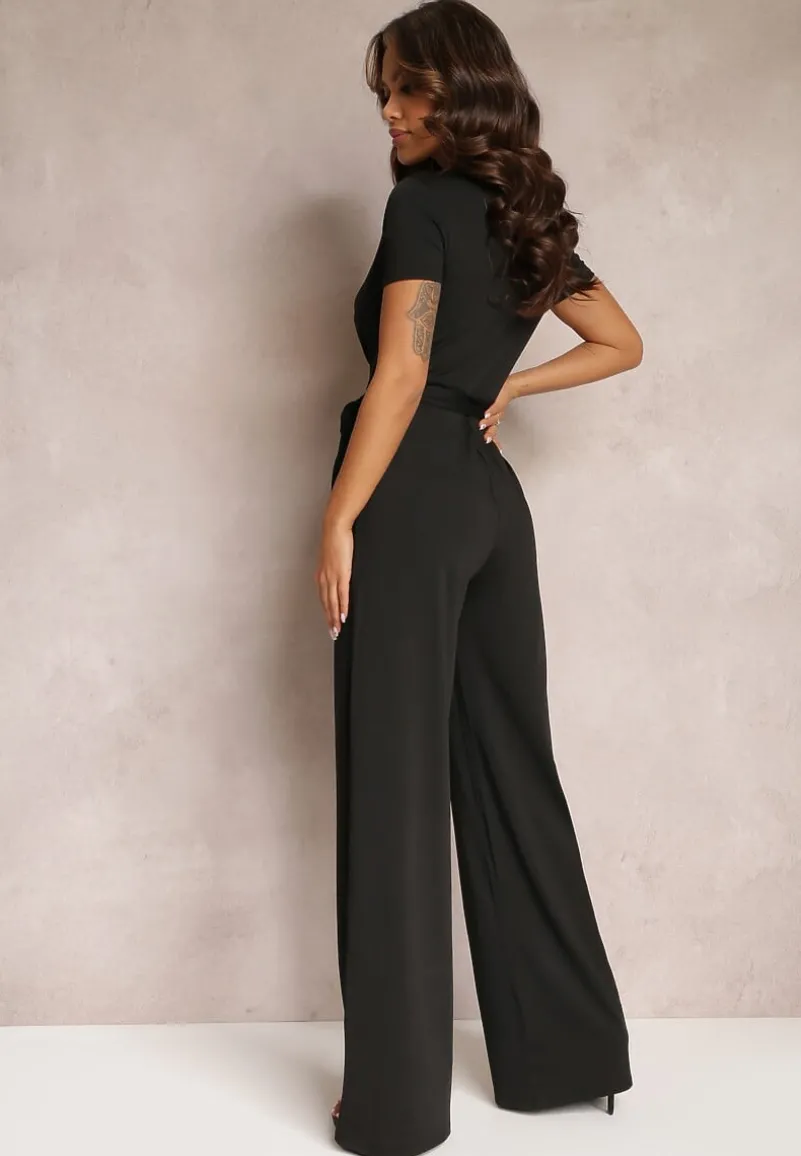 Czarny Wiązany Kombinezon z Długimi Nogawkami i Kopertowym Dekoltem Adithia
