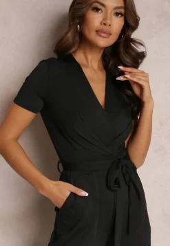 Czarny Wiązany Kombinezon z Długimi Nogawkami i Kopertowym Dekoltem Adithia