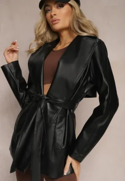 Czarny Wiązany Płaszcz Dwurzędowy Kurtka z Imitacji Skóry Primael