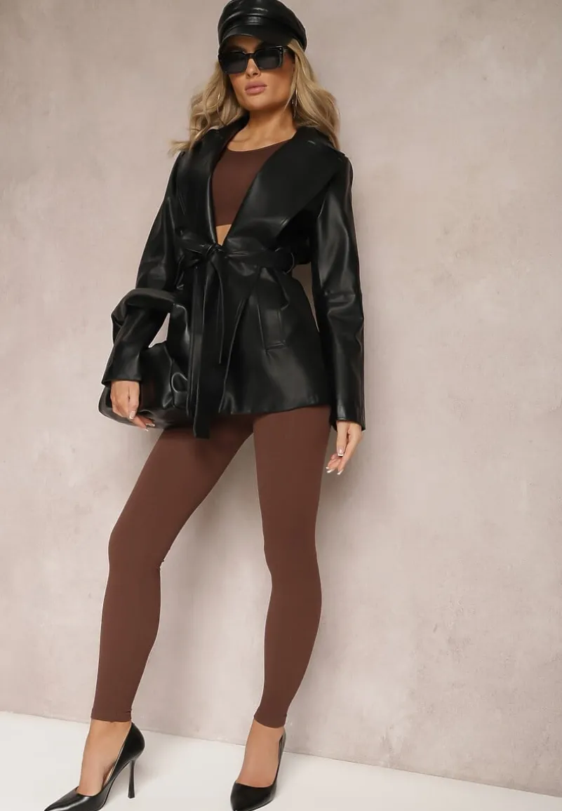 Czarny Wiązany Płaszcz Dwurzędowy Kurtka z Imitacji Skóry Primael