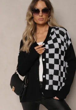 Czarny Zapinany Kardigan z Wiskozą Ozdobiony Szachownicą Lerisian