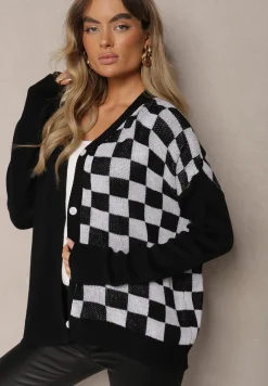 Czarny Zapinany Kardigan z Wiskozą Ozdobiony Szachownicą Lerisian