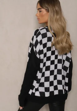 Czarny Zapinany Kardigan z Wiskozą Ozdobiony Szachownicą Lerisian