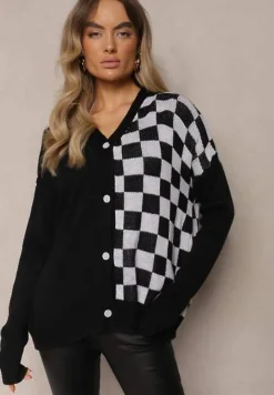 Czarny Zapinany Kardigan z Wiskozą Ozdobiony Szachownicą Lerisian