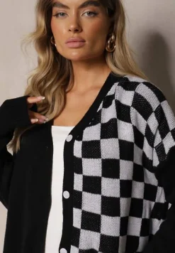Czarny Zapinany Kardigan z Wiskozą Ozdobiony Szachownicą Lerisian