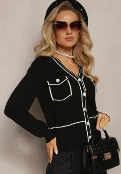 Czarny Zapinany Kardigan z Wiskozy i Przeszyciami Aeloriah