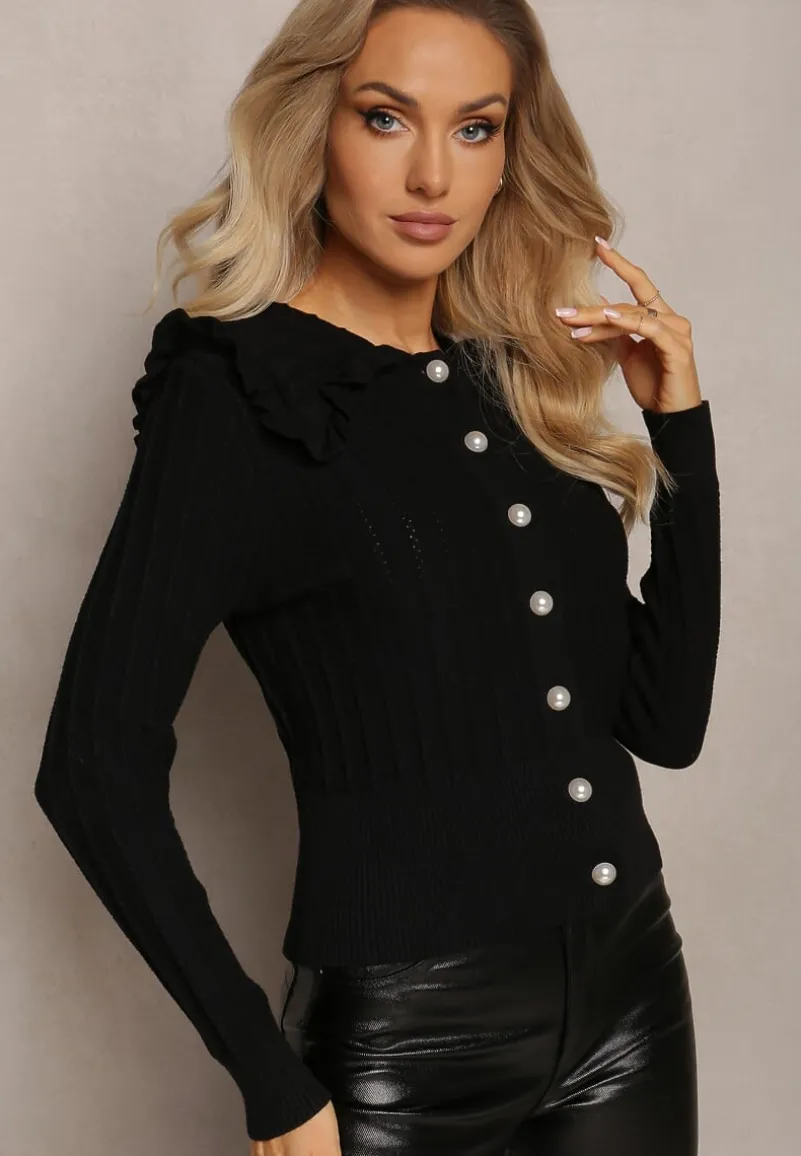 Czarny Zapinany Kardigan z Falbanką i Ażurowym Zdobieniem Parina