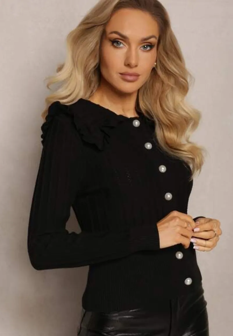 Czarny Zapinany Kardigan z Falbanką i Ażurowym Zdobieniem Parina