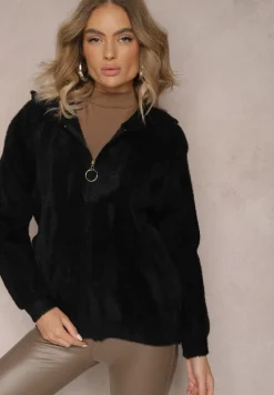 Czarny Zasuwany Kardigan Wełniany z Kapturem Aniole