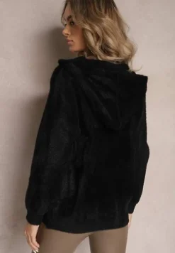 Czarny Zasuwany Kardigan Wełniany z Kapturem Aniole