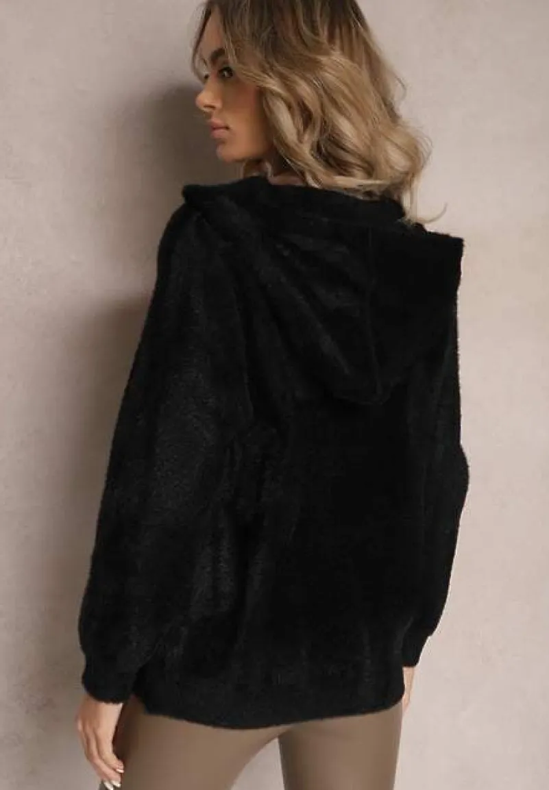 Czarny Zasuwany Kardigan Wełniany z Kapturem Aniole