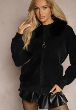 Czarny Zasuwany Kardigan z Wełną Ozdobiony Kołnierzem z Futerka Dailore