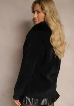 Czarny Zasuwany Kardigan z Wełną Ozdobiony Kołnierzem z Futerka Dailore