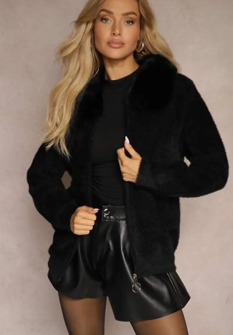 Czarny Zasuwany Kardigan z Wełną Ozdobiony Kołnierzem z Futerka Dailore