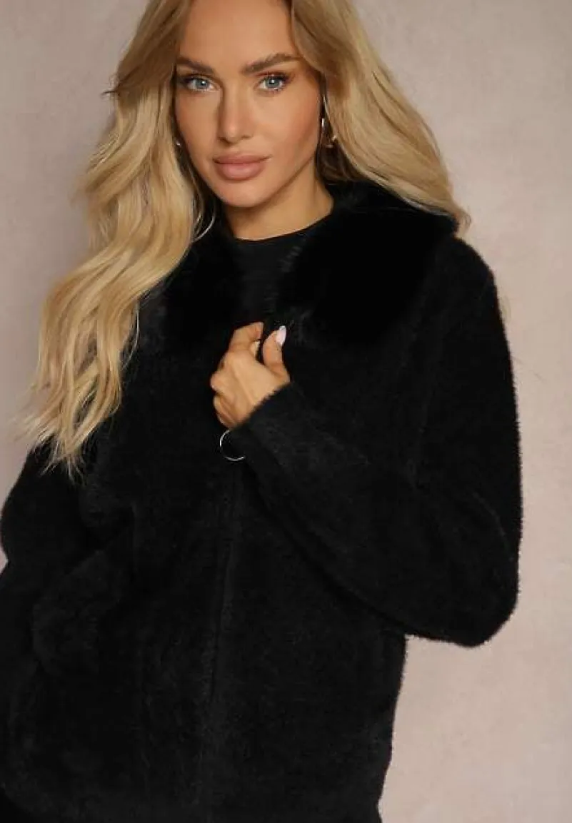 Czarny Zasuwany Kardigan z Wełną Ozdobiony Kołnierzem z Futerka Dailore