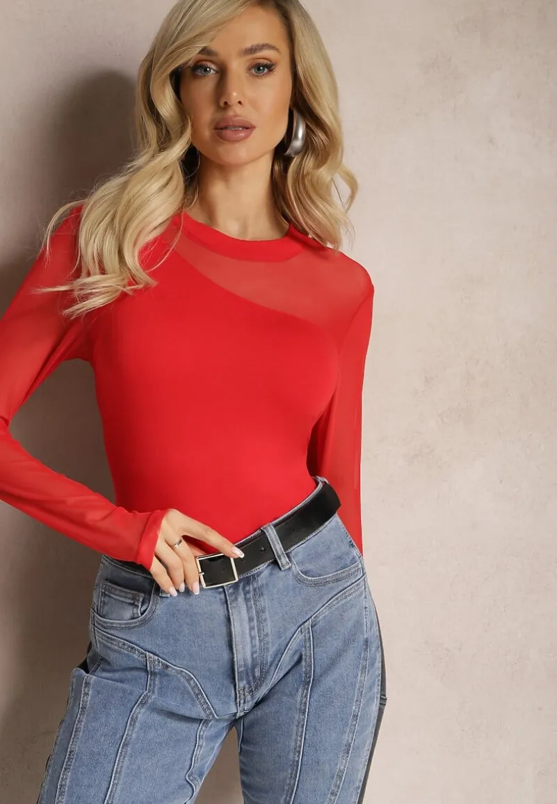 Czerwona Asymetryczna Bluzka z Gładkiej Wiskozy z Rękawami z Siateczki Bangella