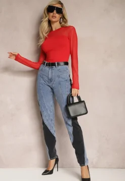 Czerwona Asymetryczna Bluzka z Gładkiej Wiskozy z Rękawami z Siateczki Bangella