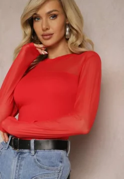 Czerwona Asymetryczna Bluzka z Gładkiej Wiskozy z Rękawami z Siateczki Bangella