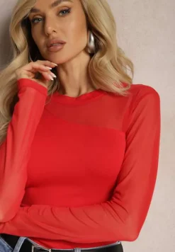 Czerwona Asymetryczna Bluzka z Gładkiej Wiskozy z Rękawami z Siateczki Bangella