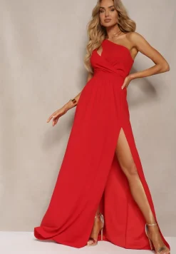 Czerwona Asymetryczna Sukienka Rozkloszowana Maxi Adavia