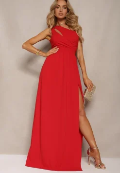 Czerwona Asymetryczna Sukienka Rozkloszowana Maxi Adavia