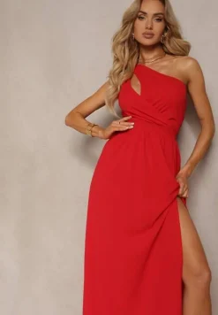 Czerwona Asymetryczna Sukienka Rozkloszowana Maxi Adavia